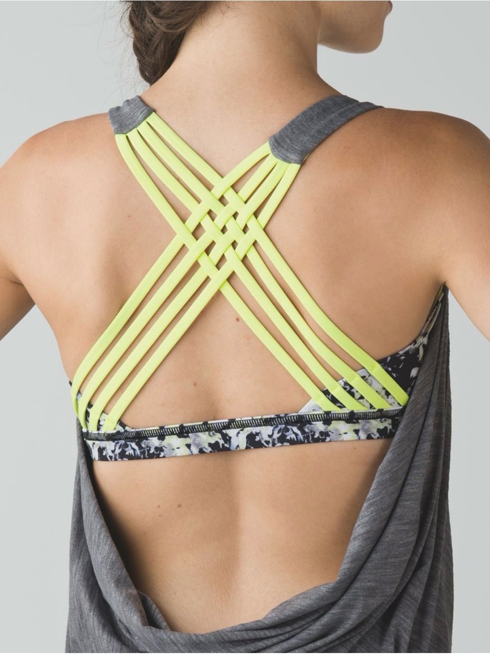 Women’s Grey Tank Top with Neon Yellow Strappy Back